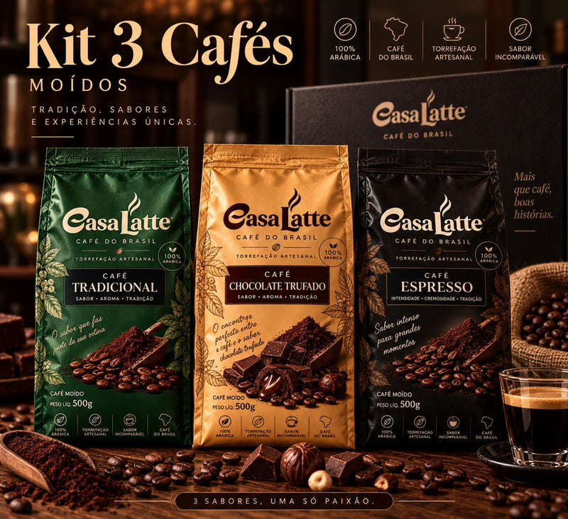 Kit 3 Cafés 500g: Tradicional + Chocolate Trufado + Expresso