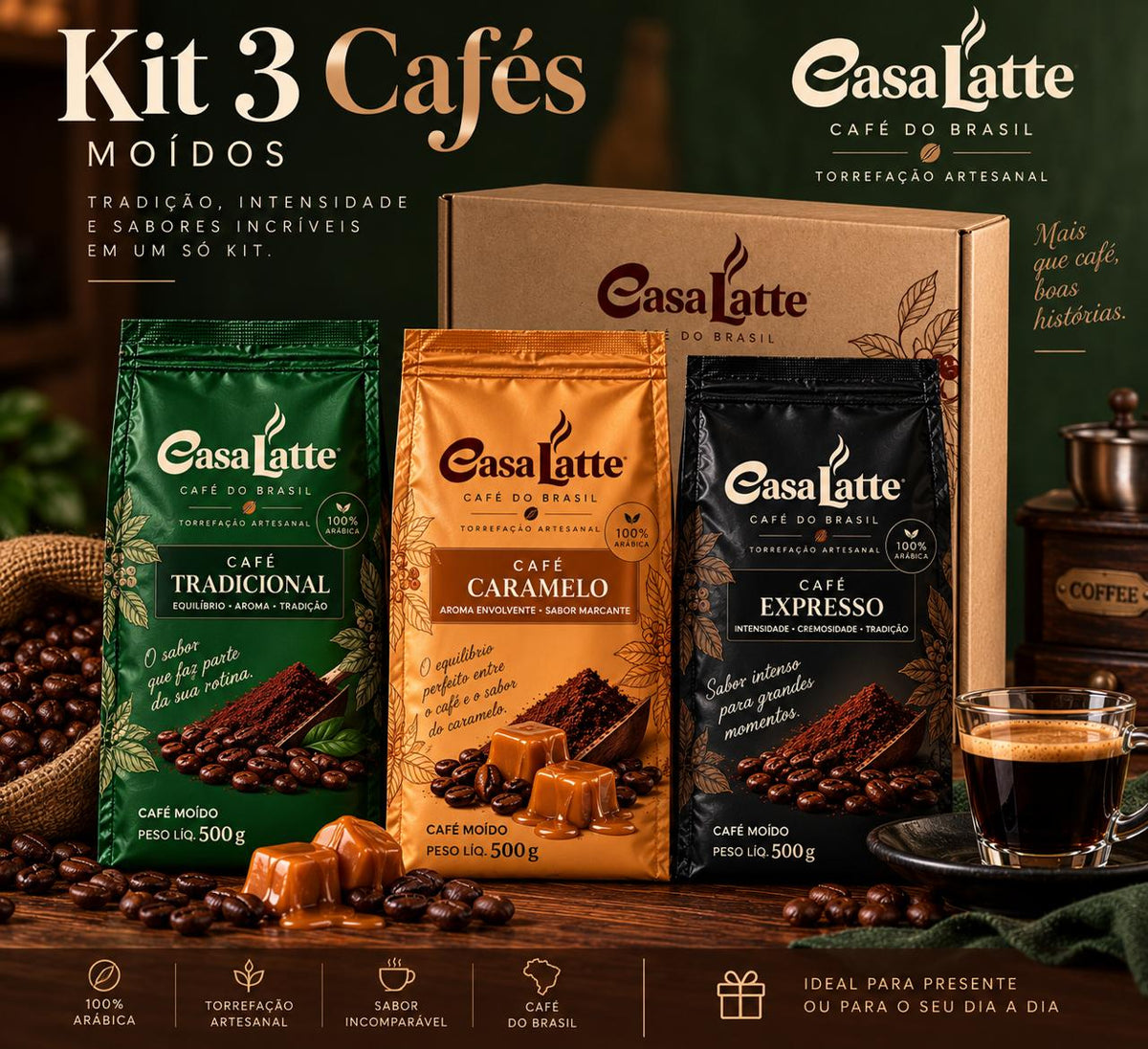 Kit 3 Cafés 500g: Tradicional + Caramelo + Expresso
